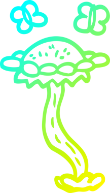 Bir çizgi film çiçeğinin soğuk gradyan çizimi ve bir insan tarafından çizilmiş kelebekler.