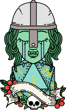 Retro Dövme Tarzı Ağlayan Ork Savaşçısı karakteri yüzü ve bir insan tarafından çizilmiş bir d20 rulosu.