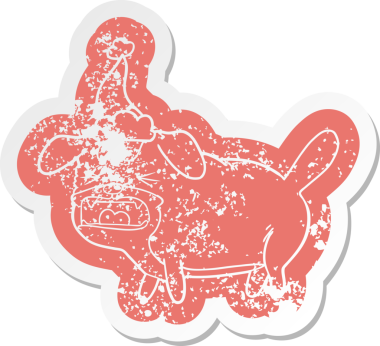 Bir insan tarafından çizilmiş Noel Baba şapkasıyla havlayan köpek çıkartması.