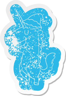 Bir insan tarafından çizilmiş noel baba şapkası giyen bir tek boynuzlu atın sıkıntılı karikatürü.