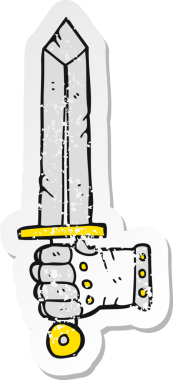 Bir insan tarafından çekilen kılıç tutan bir karikatür el çıkartması.