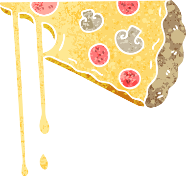 Retro illüstrasyon tarzı tuhaf çizgi film peynirli pizza bir insan tarafından çizildi.