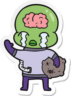 Bir çizgi filmin çıkartması. Büyük beyin uzaylıları ağlıyor ve bir insan tarafından çizilmiş el sallıyor.