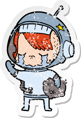 Bir insan tarafından çizilmiş kaya örneğini taşıyan ağlayan astronot bir karikatür çıkartması.