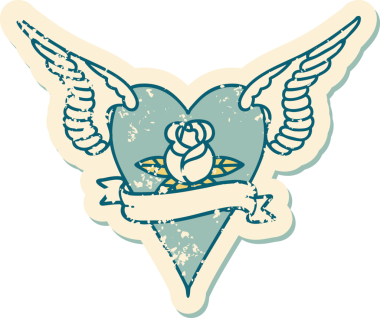 Bir insan tarafından çizilmiş çiçek ve pankartıyla uçan bir kalbin sembolik dövmeli resmi.