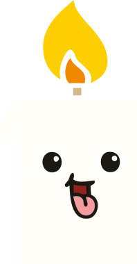 Bir insan tarafından çizilmiş yanan bir mumun düz renkli retro karikatürü