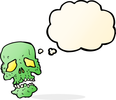 Bir insan tarafından çizilmiş düşünce baloncuklu bir kafatası.