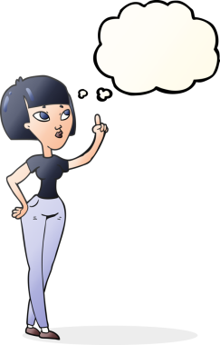 Düşünce balonu çizen kadın bir insan tarafından çizilmiş sorular soruyor.