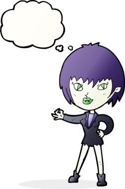 Bir insan tarafından çizilmiş düşünce balonlu vampir kız.