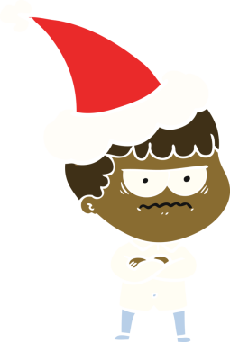 Bir insan tarafından çizilmiş Noel Baba şapkası giyen rahatsız bir adamın düz renkli çizimi.