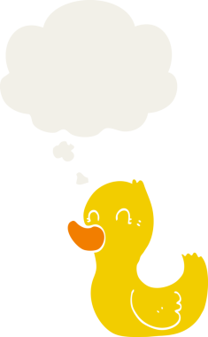 Düşünce baloncuğu olan çizgi film ördeği insan tarafından çizilmiş.