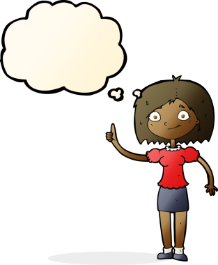 Bir insan tarafından çizilmiş düşünce baloncuğu fikri olan karikatür kadın.