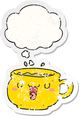 Düşünce baloncuklu şirin çizgi film kahve fincanı insan tarafından çizilmiş yıpranmış bir çıkartma gibi.