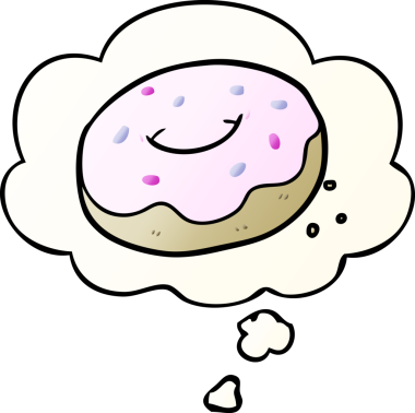 Bir insan tarafından çizilmiş, düşünce baloncuklu çizgi film donutu.