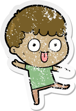 distressed sticker of a cartoon dumb kid drawn by a human