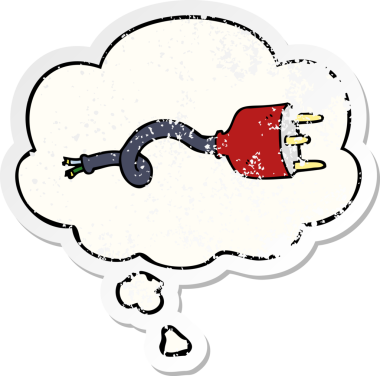 Düşünce baloncuklu karikatür elektrik prizi insan tarafından çizilmiş yıpranmış bir çıkartma.