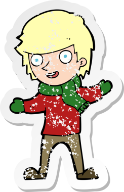 Bir insan tarafından çizilmiş kışlık giysiler içindeki bir çizgi film çocuğunun gerilimli çıkartması.