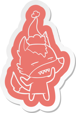 Bir insan tarafından çizilmiş Noel Baba şapkası takan bir kurdun garip çizgi film çıkartması.