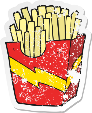 Bir insan tarafından çizilmiş patates kızartmasının retro sıkıntılı çıkartması.