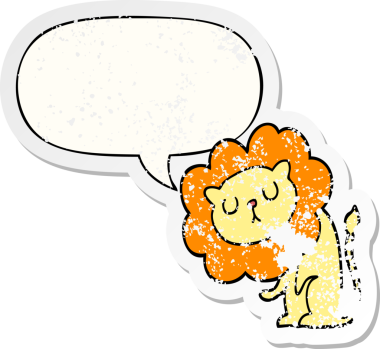 Konuşma baloncuğu olan sevimli çizgi film aslanı bir insan tarafından çizilmiş sıkıntılı, yaşlı bir çıkartma.