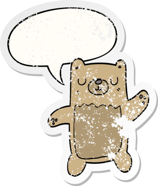 Konuşma baloncuğu olan çizgi film ayısı bir insan tarafından çizilmiş sıkıntılı eski bir çıkartma