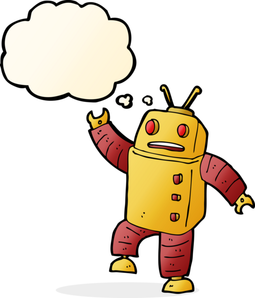 Bir insan tarafından çizilmiş düşünce baloncuklu çizgi film robotu