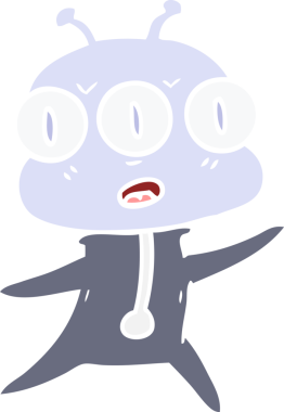 Düz renkli karikatür. Bir insan tarafından çizilmiş üç gözlü uzaylı.