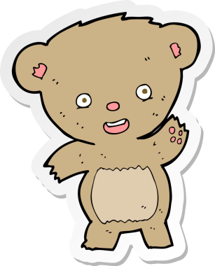 Bir insan tarafından çizilmiş oyuncak ayı sallayan bir karikatür çıkartması.