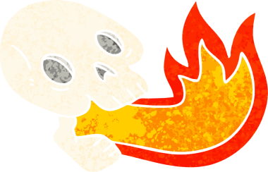 Ateş püskürten retro illüstrasyon stili bir insan tarafından çizilmiş tuhaf bir karikatür kafatası.