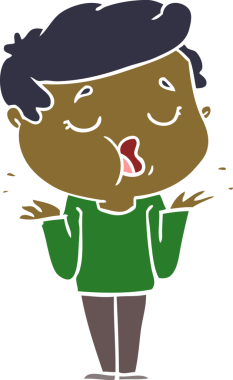 Düz renkli çizgi film karakteri konuşan ve omuz silken bir insan tarafından çizilmiş