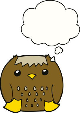 Bir insan tarafından çizilmiş düşünce baloncuklu çizgi film baykuşu