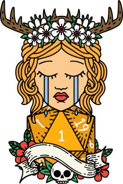 Retro Dövme Tarzı Ağlayan İnsan Druid Bir insan tarafından çizilmiş doğal bir D20 ruloyla