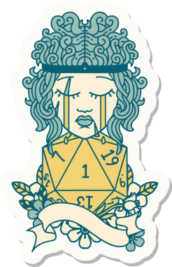 Bir insan tarafından çizilmiş doğal bir d20 rulo ile ağlayan bir insan barbarının çıkartması.