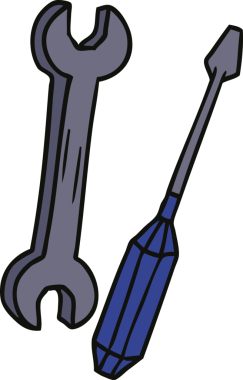 Bir İngiliz anahtarı ve bir insan tarafından çizilmiş bir tornavida karalaması.