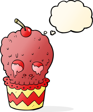 Bir insan tarafından çizilmiş düşünce baloncuklu ürkütücü kafatası kek çizgi filmi.