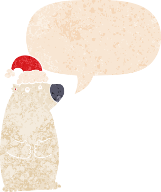 Çizgi film ayısı Noel şapkası takıyor ve grunge şeklinde konuşma balonu takıyor.