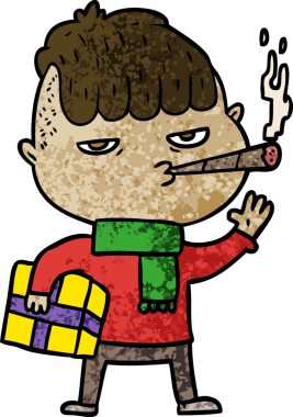 Bir insan tarafından çizilmiş noel hediyesi taşıyan sigara içen bir çizgi film adamı.