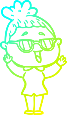 Bir insan tarafından çizilmiş gözlük takan mutlu bir kadının çizgi film çizimi.