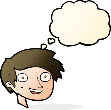 Bir insan tarafından çizilmiş düşünce baloncuklu mutlu çocuk yüzü.