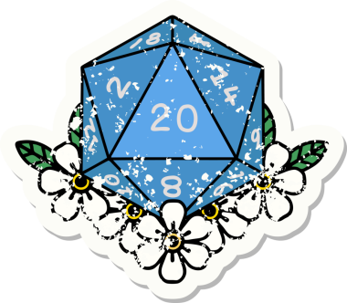 Bir insan tarafından çizilmiş çiçek elementleriyle 20 D20 zarının grunge sticker 'ı.
