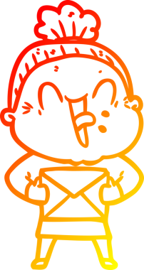 Bir insan tarafından çizilmiş mutlu, yaşlı bir kadının sıcak çizgi çizimi.