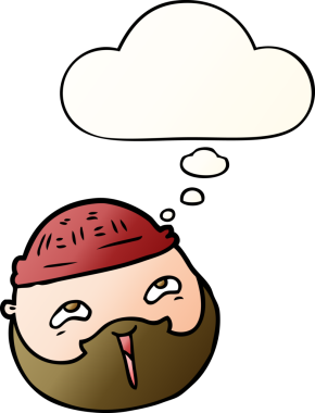 Çizgi film erkek yüzü sakallı, düşünce baloncuklu bir insan tarafından çizilmiş.