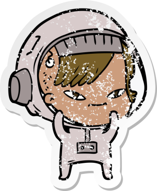 Bir insan tarafından çizilmiş karikatür astronot kadının sıkıntılı çıkartması.