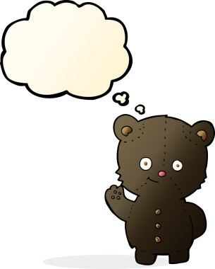 Bir insan tarafından çizilmiş düşünce baloncuğu ile siyah ayı yavrusunu sallayan çizgi film.