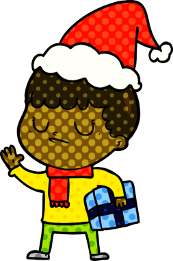 Bir insan tarafından çizilmiş Noel Baba şapkası giyen huysuz bir çocuğun el çizimi çizgi roman çizimi.