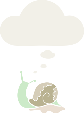 insan tarafından çizilmiş, düşünce baloncuklu çizgi film salyangozu.