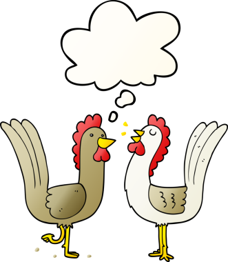 Düşünce baloncuğu olan çizgi film tavukları bir insan tarafından çizilmiş.