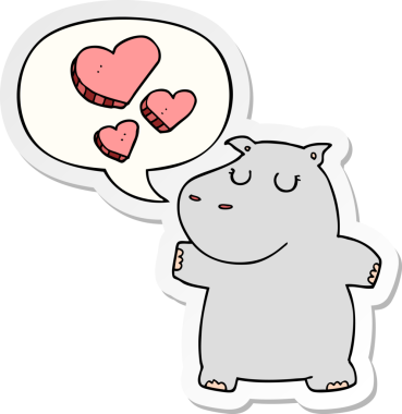 Bir insan tarafından çizilmiş konuşma balonu çıkartmasına aşık çizgi film hipopotamları.