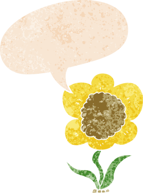 Bir insan tarafından çizilmiş grunge dertli retro biçimli konuşma baloncuklu karikatür çiçeği