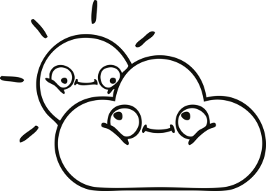 Bir insan tarafından çizilmiş fırtına bulutu ve güneş çizimleri.